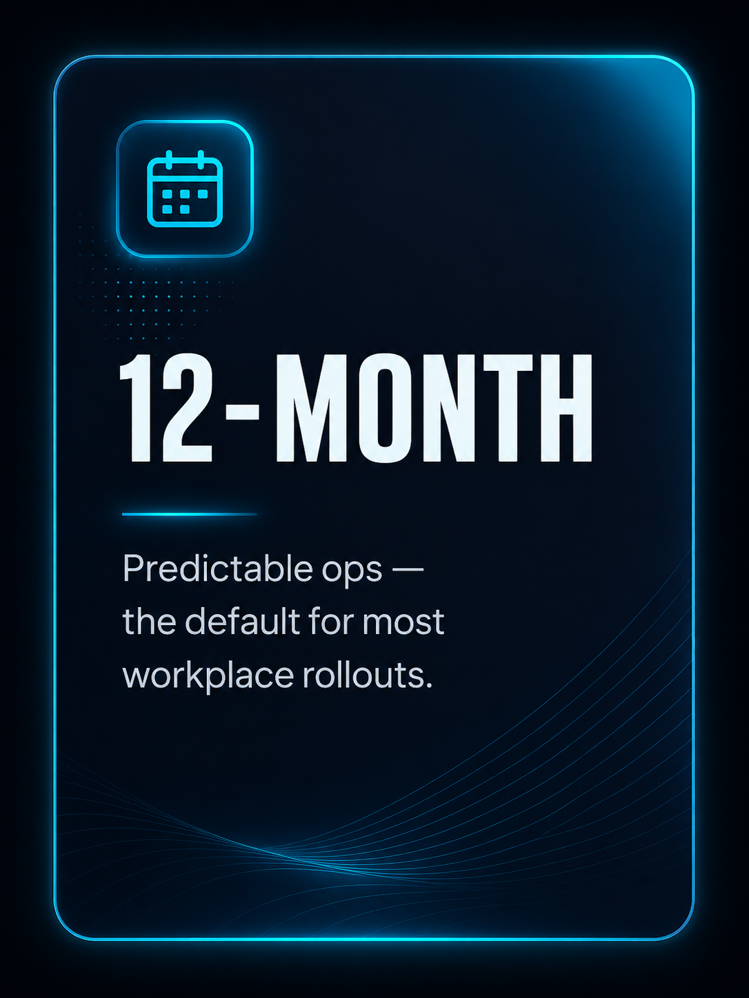 12-month. Predictable opex—the default for most workplace rollouts.