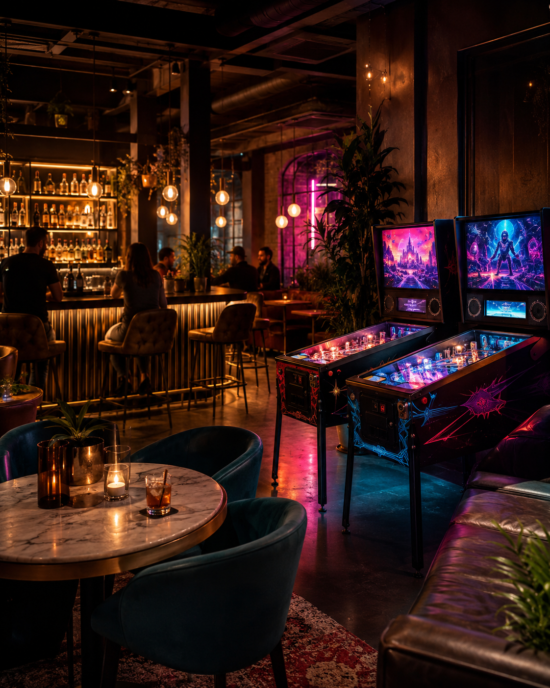 Social venue floor with guests—pinball and arcade as part of the night out.